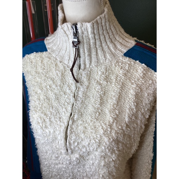 STS Ranchwear Cream Fuzzy Sherpa Quarter Zip Pullover Sweater Teal Stripe Size L - Picture 3 of 6